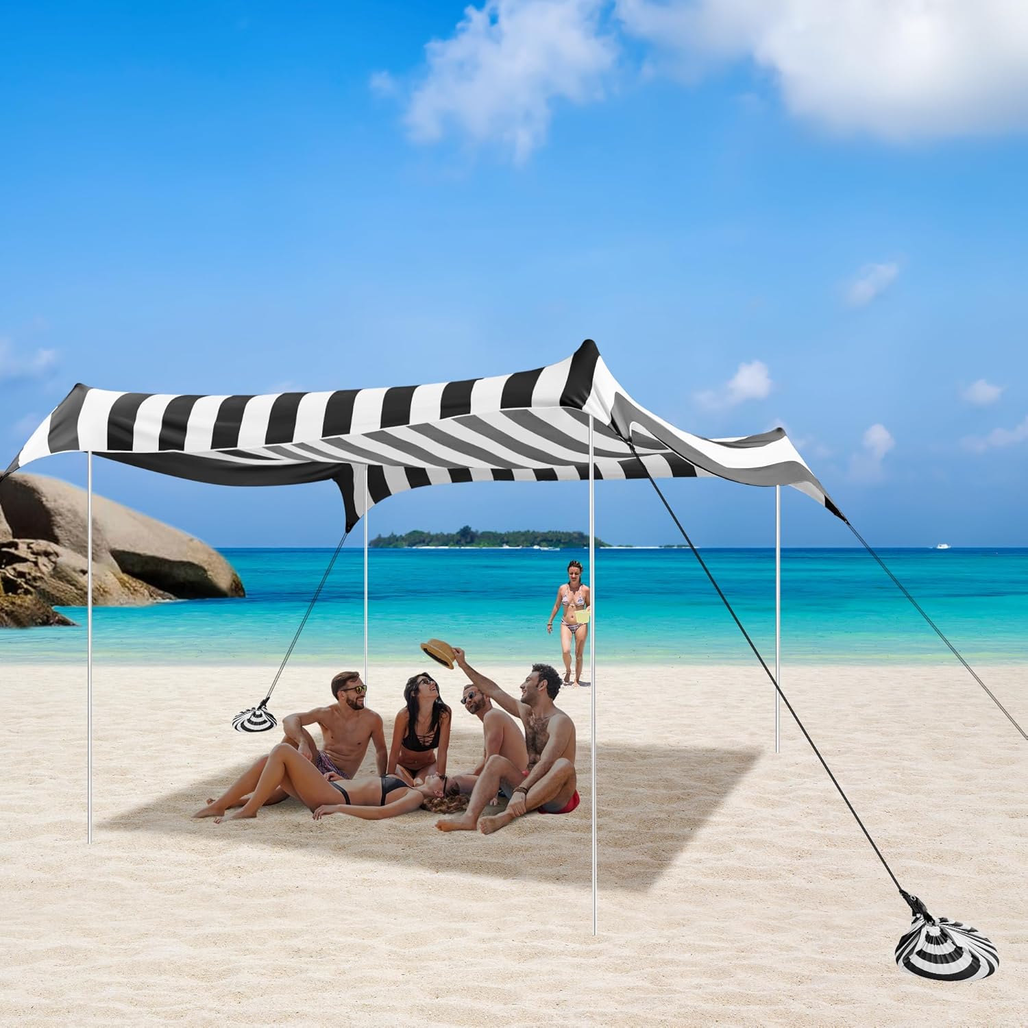 Strandzelt, Strandüberdachung, Sonnenschutz, UPF 50+, tragbarer 3 × 3 m, Camping-Sonnenschutz mit Sandsäcken, Stangen, Heringen und Anti-Wind-Seilen für Outdoor, Hinterhof, Picknicks, Angeln, Schwarz