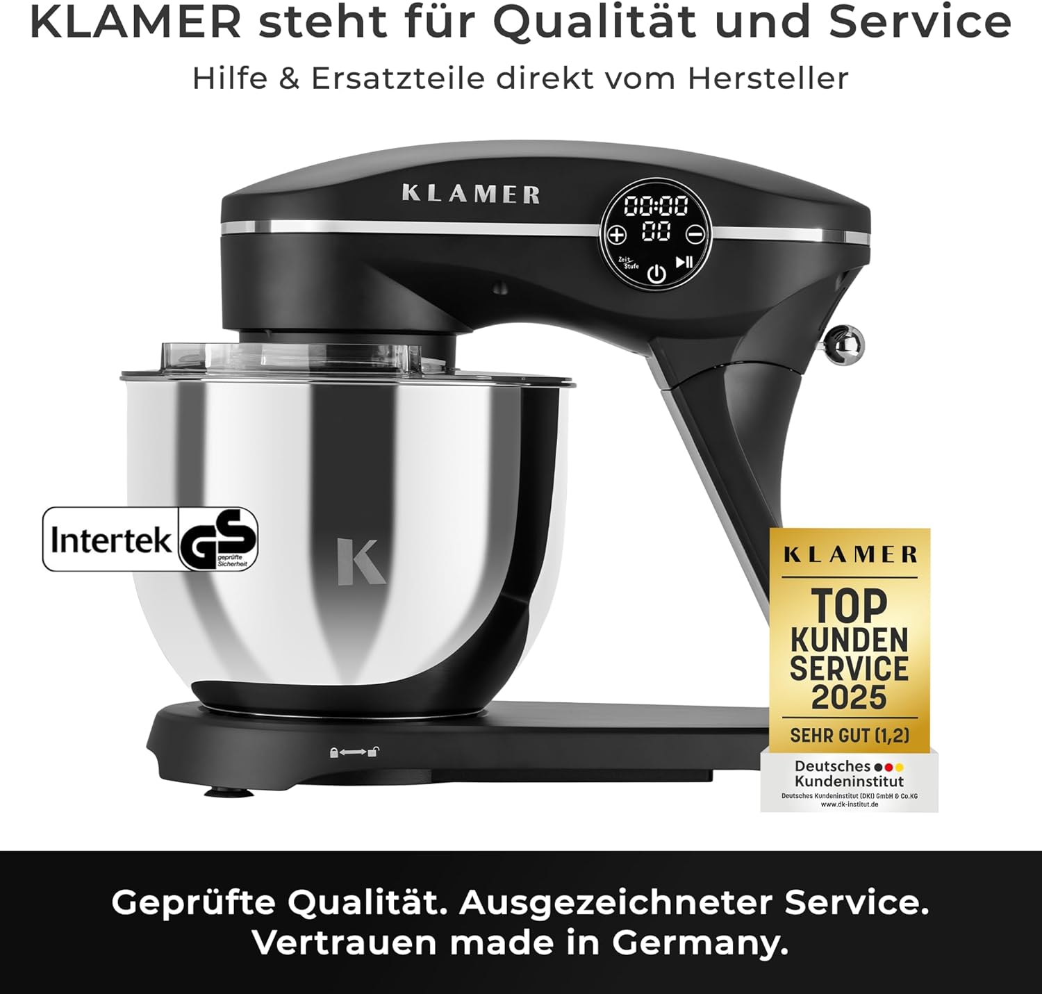 KLAMER Küchenmaschine 1800W, Knetmaschine Brotteig mit Edelstahl-Rührschüssel 6 L, 10 Stufen mit Timer, Planetenrührwerk, Rührbesen, Knethaken, Schneebesen & Sichtdeckel (schwarz)