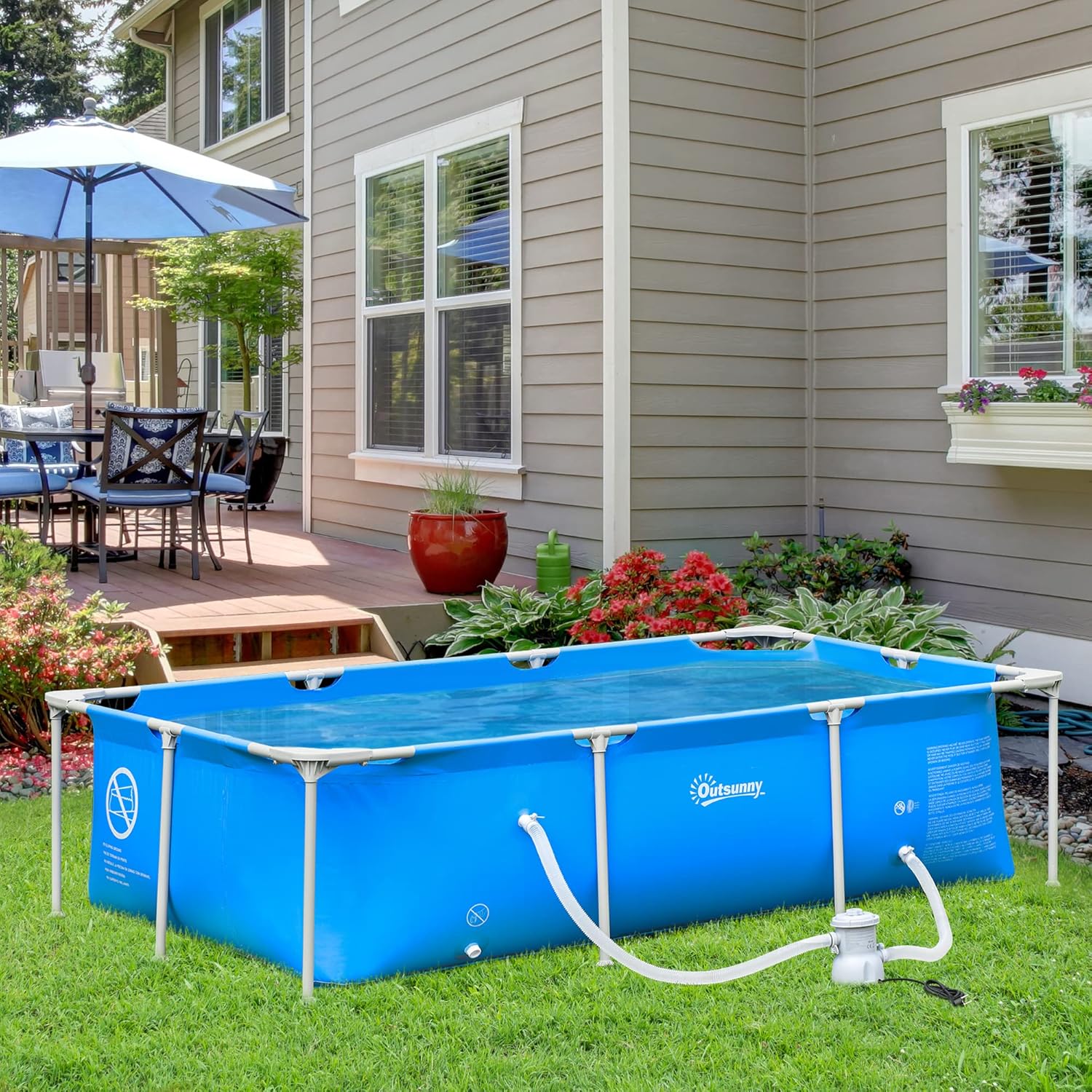 Outsunny Piscina Desmontable Tubular 252x152x65 cm con Depuradora de Cartucho 1200L/H Piscina Rectangular de Exterior para Adultos y Niños 2163L Azul