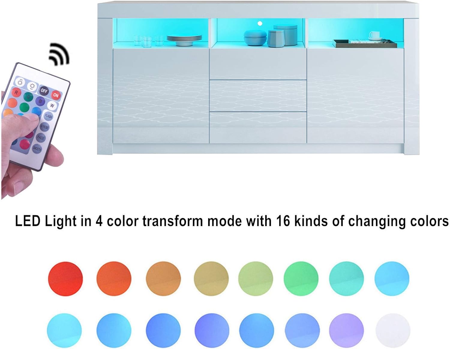 Sideboard Hochglanz Matt Anrichte Schrank mit 2 Türen 3 Schubladen & LED Beleuchtung TV Lowboard Für Esszimmer Wohnzimmer Möbel Weiß