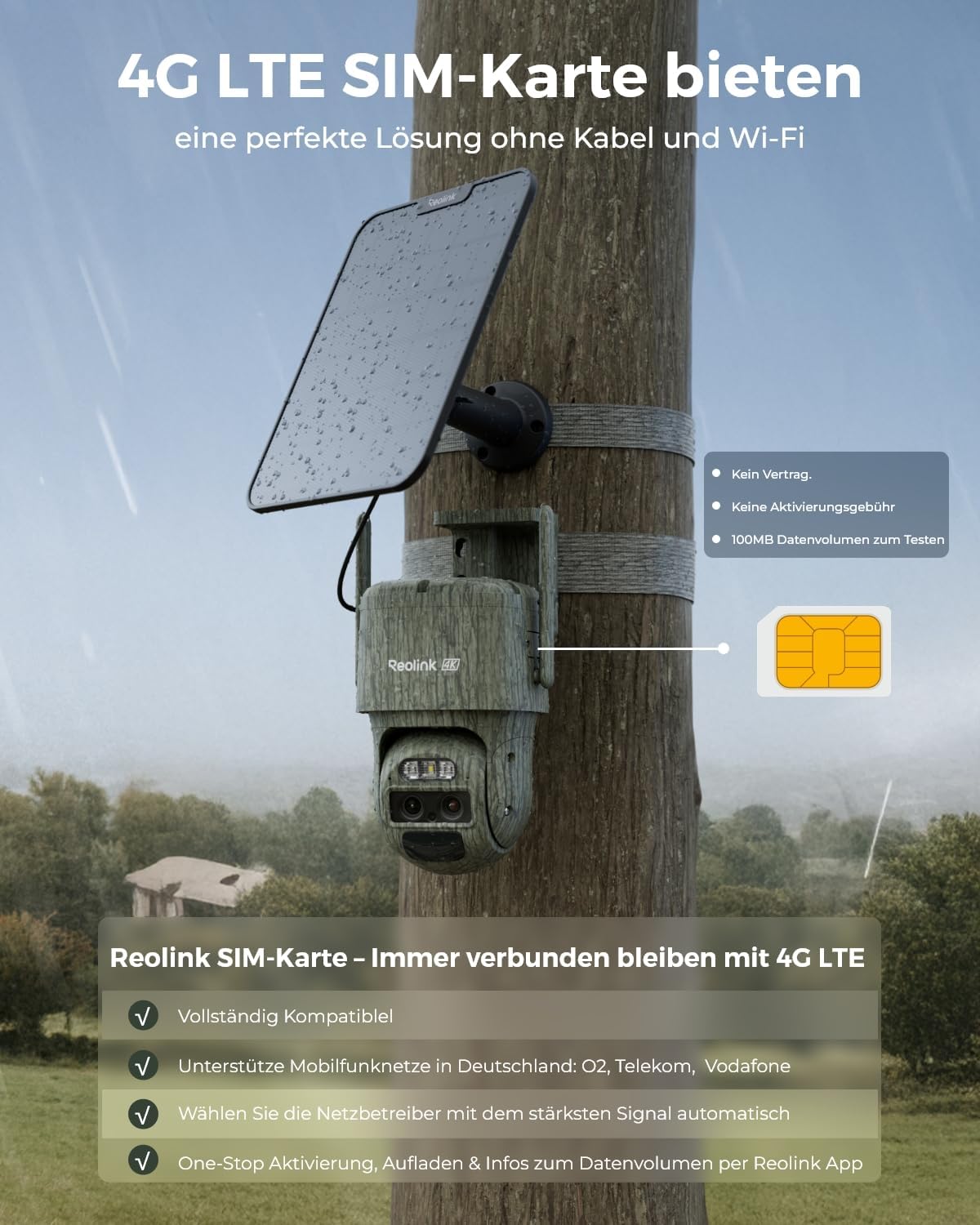 Reolink 4K 4G LTE Überwachungskamera mit SIM-Karte, Dual-Objektiv, Auto-Tracking, Wildkamera Solar Akku Ohne WLAN, 6X Hybrid-Zoom, No-Glow IR, IP65 für Wildtiere, TrackMix LTE Trail + Solarpanel