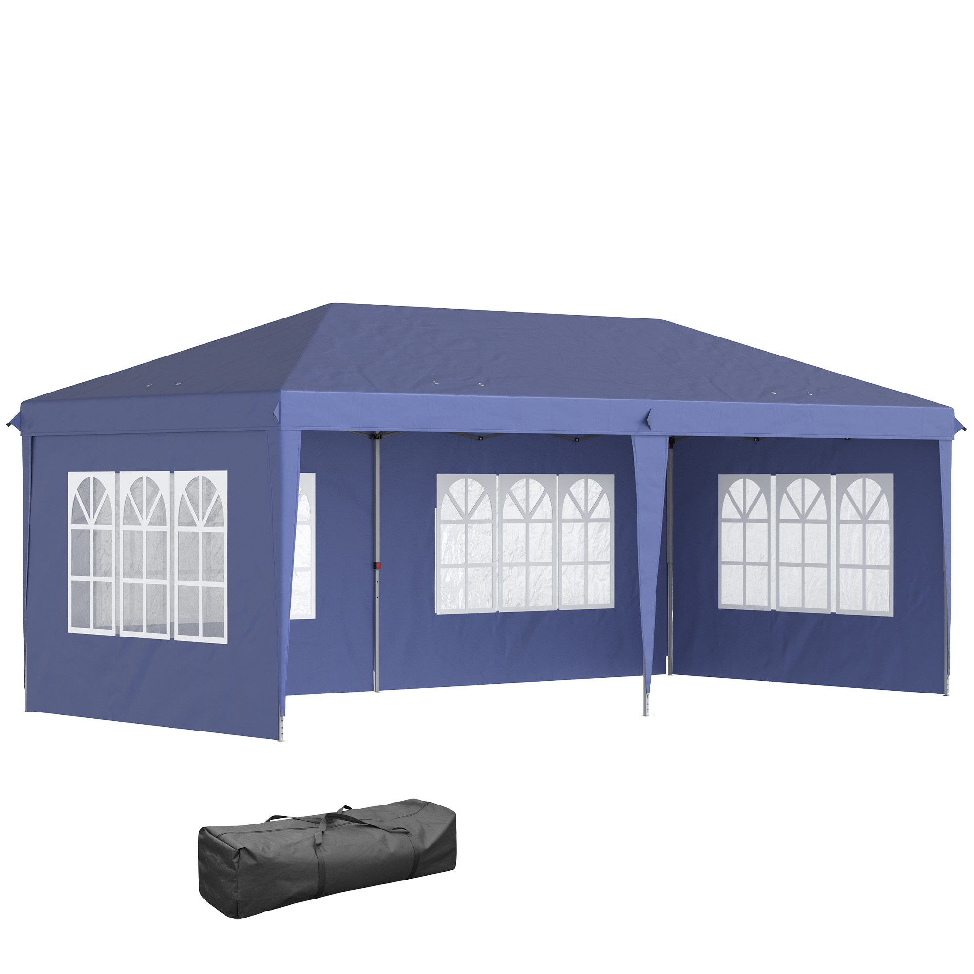 Opklapbare tuinpaviljoen van 6 x 3 m, halfopen, verwijderbare zijwanden, grote ramen, draagtas, stalen frame, blauw