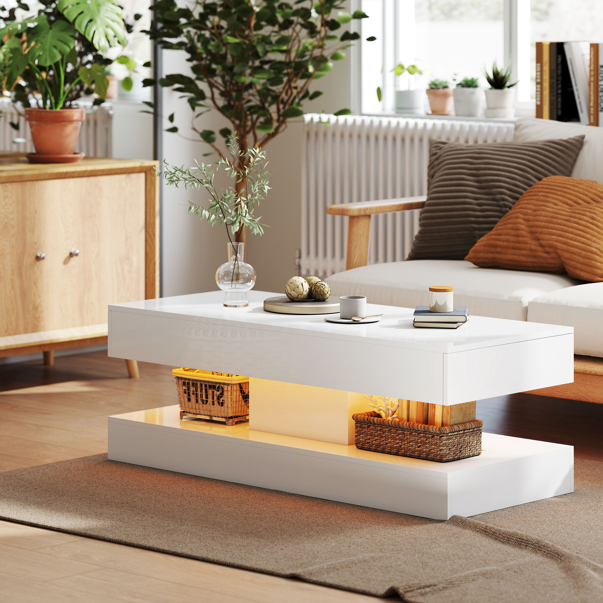 Salontafel met Lades en LED-verlichting, moderne Sofatafel met open opbergruimte, Salontafel, Spaanplaat, Wit