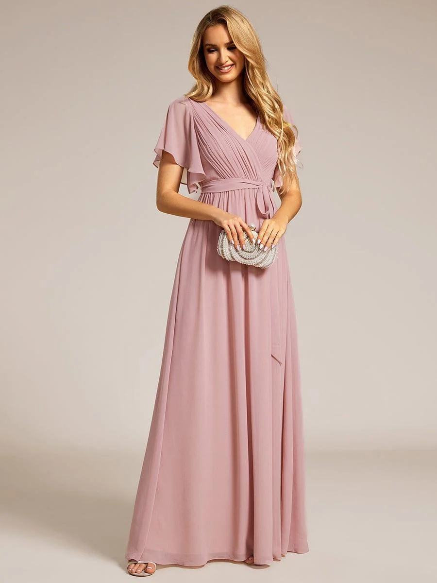 Abendkleid Damen Maxi A-Linie aus Chiffon | Festliches Kleid f��r Hochzeitsg?ste mit V-Ausschnitt und Fl��gel?rmeln