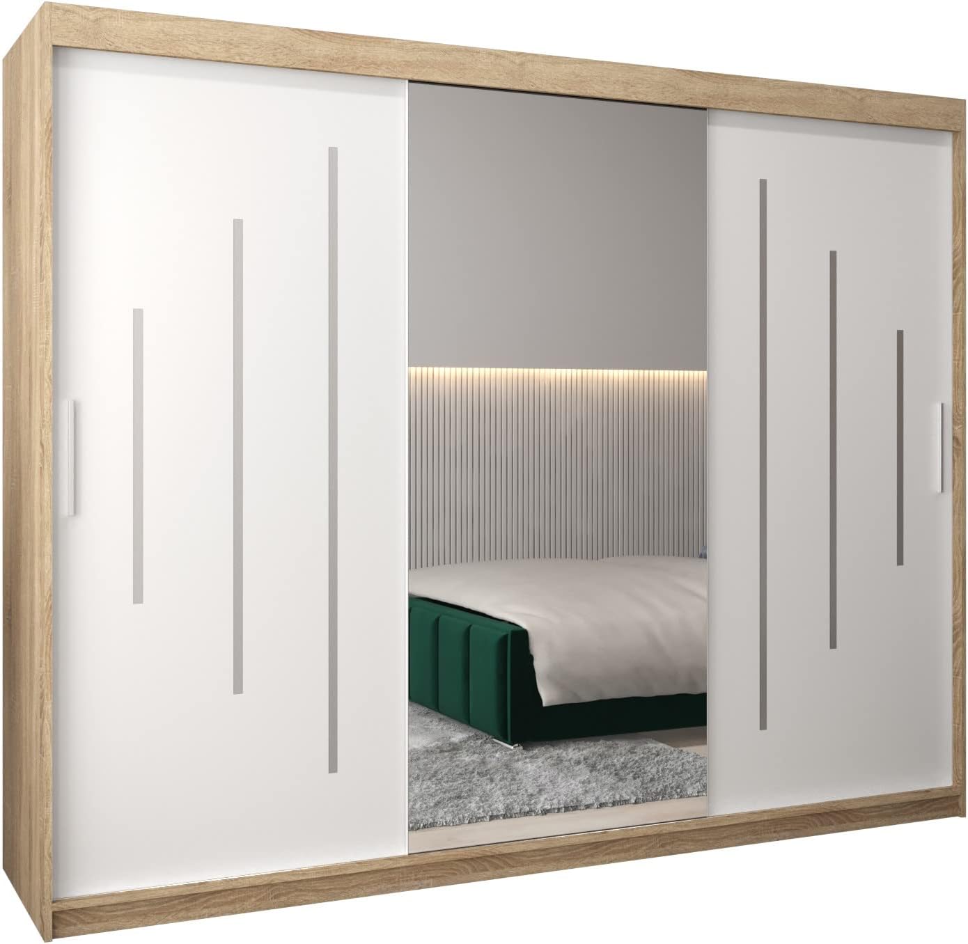 ABIKSMEBLE York 1 250 Armario 2 Puertas Correderas para Dormitorio - Armario Moderno con Espejo, Barra y Estantes - 250x200x62 cm (Ancho x Alto x Fondo) - Sonoma + Blanco Mate