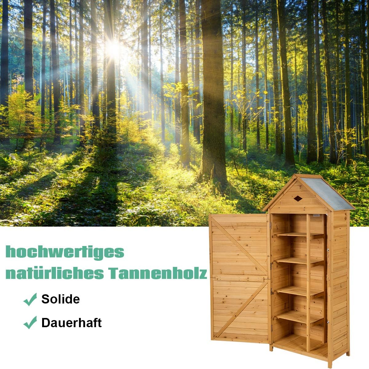 COSTWAY Gartenschrank Holz, Geräteschuppen mit 5 Regalböden und Satteldach, Outdoor Schrank Wetterfest, Geräteschrank Balkonschrank für den außenbereich Garten Balkon (80 x 45 x 177 cm)