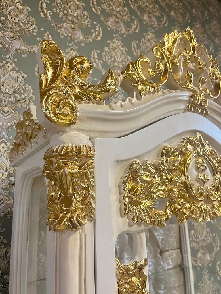 CasAmin Home & Living Baroque Style Display Cabinet: White Wood & Gold Leaf Showcase