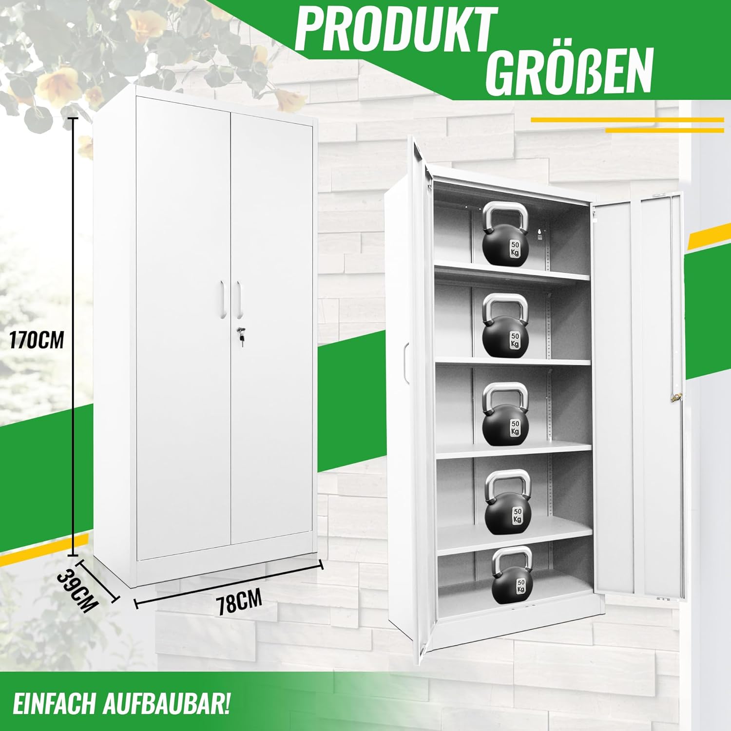 Ondis24 Aktenschrank, Mehrzweckschrank, Schloss, verstellbare Ablagen, Stabil, belastbar, Doppeltüren mit Türmagnet, Griffen Robust und sicher, werkzeugschrank, Büro, Werkstatt, Garage (Weiß 170)