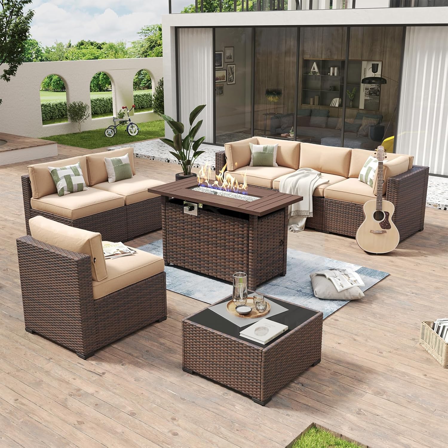 Aoxun 8 Piece Patio Furniture Set with 44�� Fire Pit Table Wicker Rattan Outdoor Sectional Sofa Set with Coffee Table and Thickened Cushions, Beige (Waterproof Cover Included)