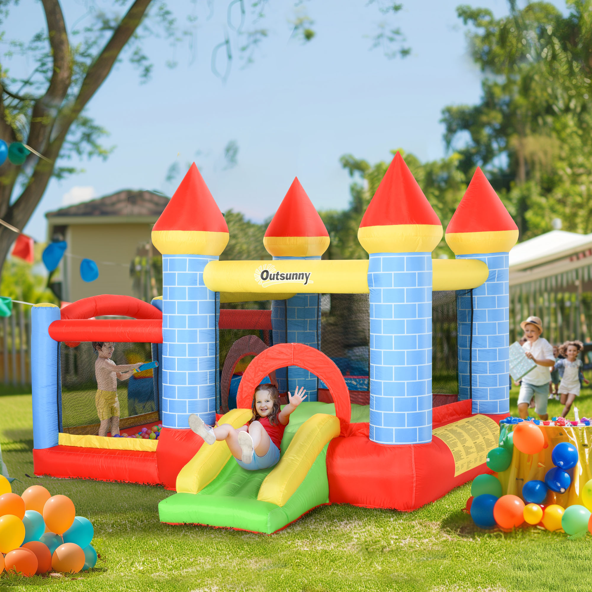 Outsunny opblaasbaar springkasteel met glijbaan voor 3 kinderen springkasteel met blazer speelkasteel, rood, blauw, groen 280 x 260 x 210 cm