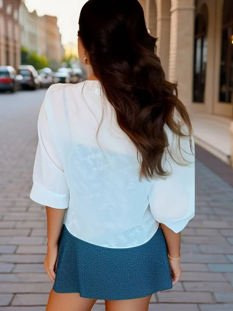 Transparente Damen-Bluse mit Bindeknoten und 3/4-?rmeln