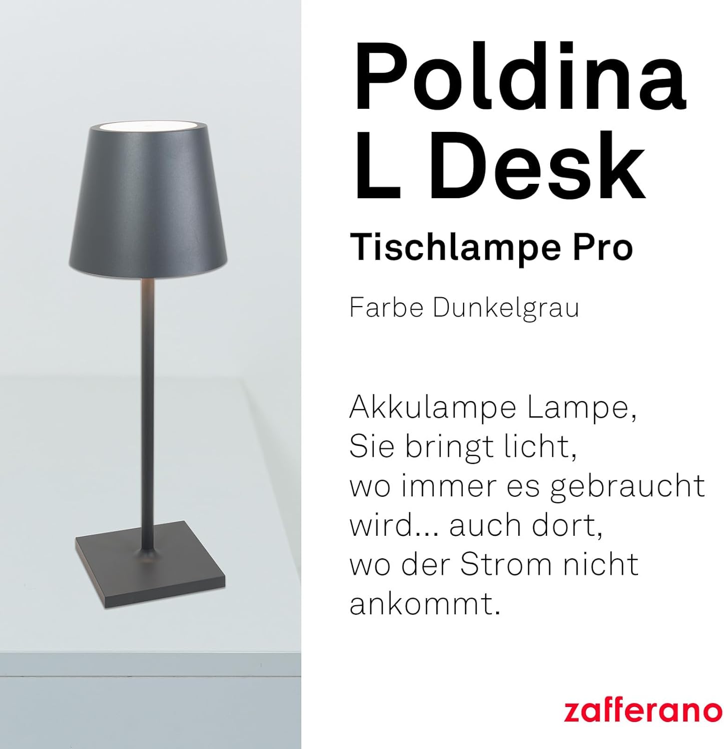 Zafferano, Poldina L Schreibtischlampe, Tragbare und Wiederaufladbare Tischlampe mit Touch Control, Geeignet für Wohnzimmer und Außenbereich, Dimmer, 2200-3000 K, Höhe 49,7 cm, Farbe Dunkelgrau