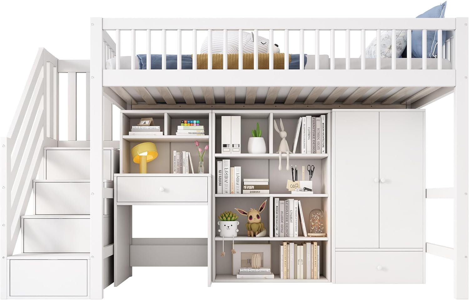 Kinderbett 90x200 cm, Hochbett mit Kleiderschrank Schreibtisch und Treppe, Einzelbett mit Schubladen und Schließfach, Funktionsbett Kinderhochbett Jugendhochbett mit Rausfallschutz & Lattenrost, Weiß