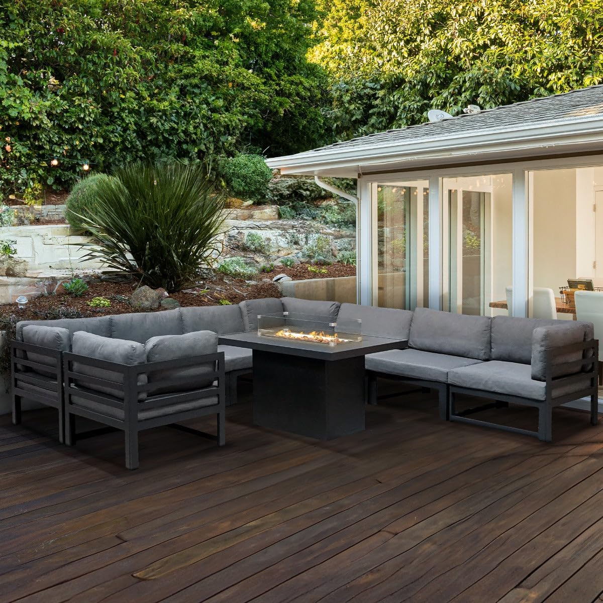 Modulares Gartenlounge-Set Groß Grau 8-Sitzer U-Form Sofa mit Kissen, Tisch & Gasfeuerstelle 9-teiliges Aluminium-Gartenmöbelset für draußen Eckset Terrasse Balkon [inkl. Wasserdichte Regenabdeckung]