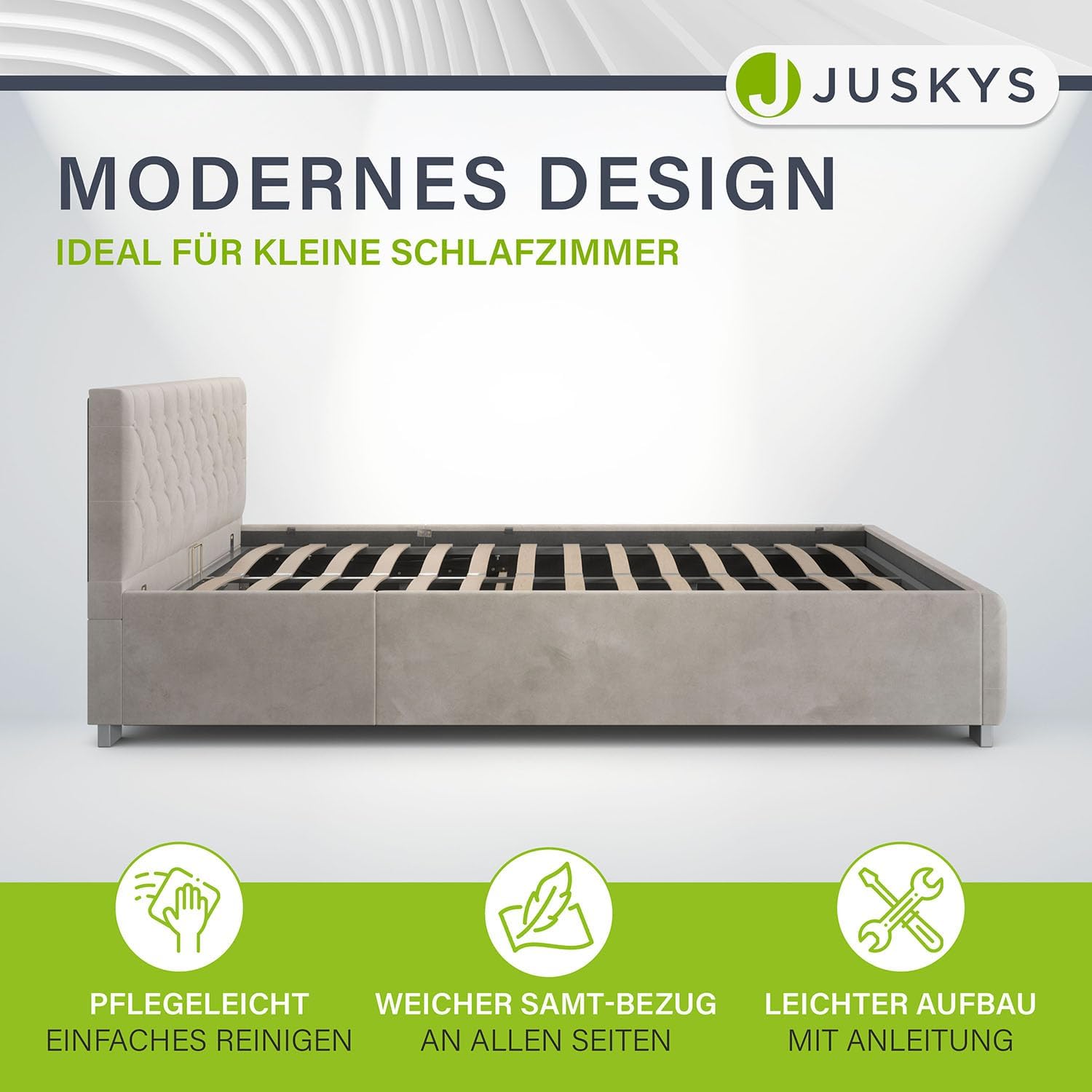 Juskys Polsterbett Nizza 140x200 cm Samt mit Stauraum, LED Beleuchtung & Lattenrost - Chesterfield Steppung & Kopfteil - Bett Bettgestell - Beige