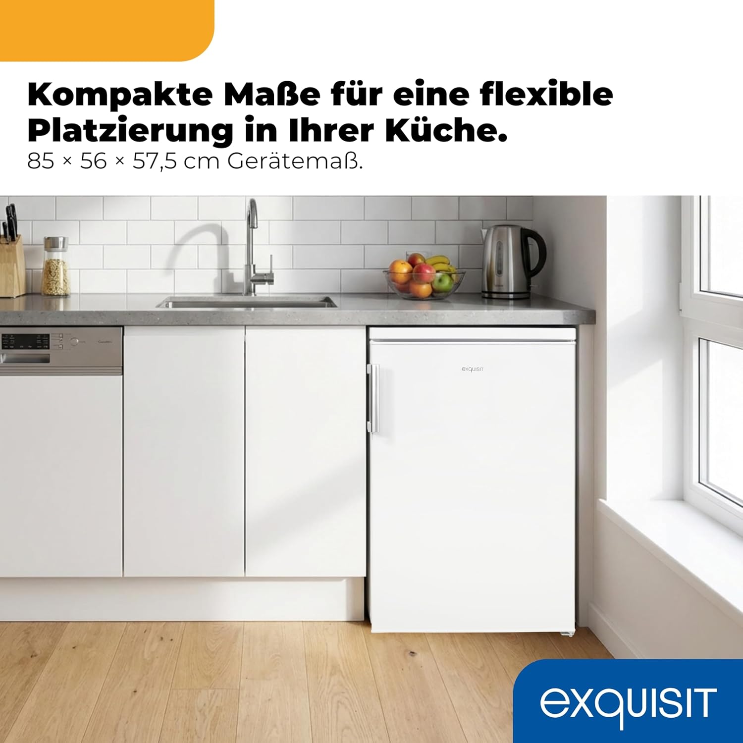 Exquisit Vollraumkühlschrank 133 l Nutzinhalt, Energieklasse E, 40 dB(A) kompakte Bauform, LED-Innenbeleuchtung, manuelle Temperaturregelung, Flaschenfach, Gemüseschublade KS516-V-H-010E weiss