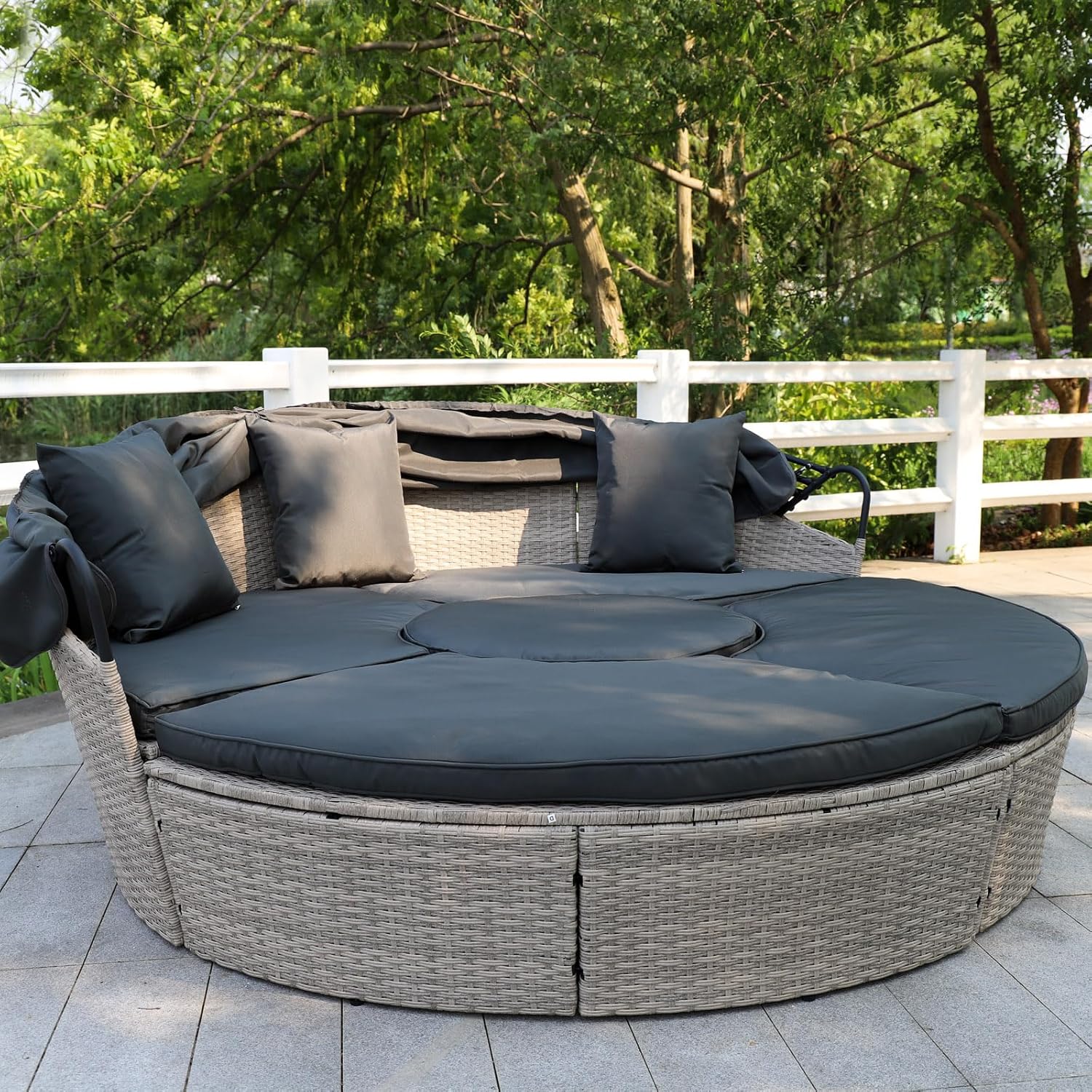 Poly Rattan Sonneninsel XL mit faltbarem Sonnendach Ø 180/210 cm inkl. Auflagen Kissen, Lounge Sonnenliege Gartenmuschel (Hellgrau, Dia 180)
