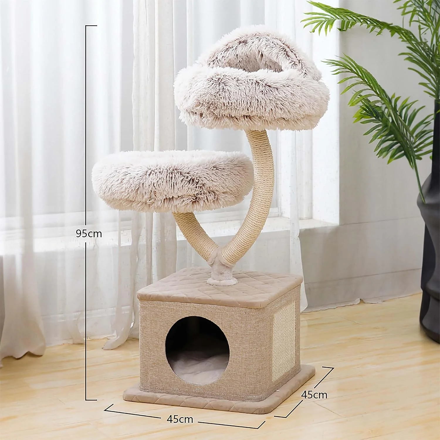 Fudajo Designer Krabpaal in Takontwerp 130 cm hoog, Kattenkrabpaal met Pluche en Sisal, Klimboom voor Katten, Kattenboom met Hanggemat