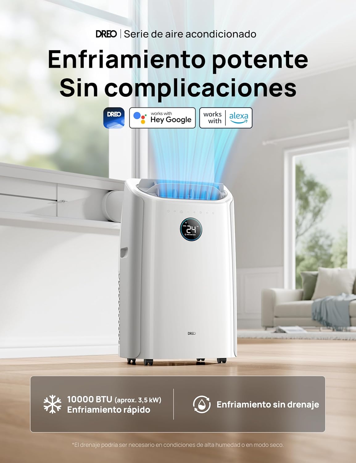 Aire Acondicionado Portátil DREO 10000 BTU, Refrigeración sin Drenaje, Silencioso, Control por App/Voz, Temporizador de 24 Horas, con Ventilador y Deshumidificador
