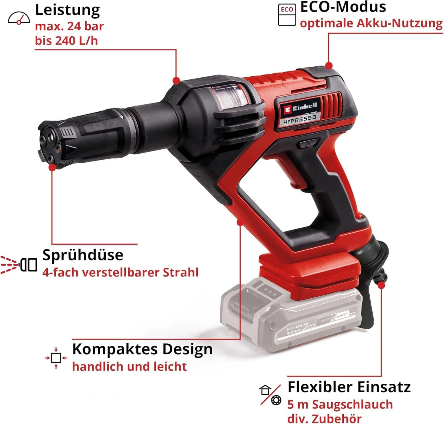Einhell Akku-Druckreinigerpistole HYPRESSO 18/24-1 Power X-Change (18 V, 24 bar, Mobile Reinigung und Bewsserung, 240 L/h, inkl. Zubehr, ohne Akku & Ladegert)