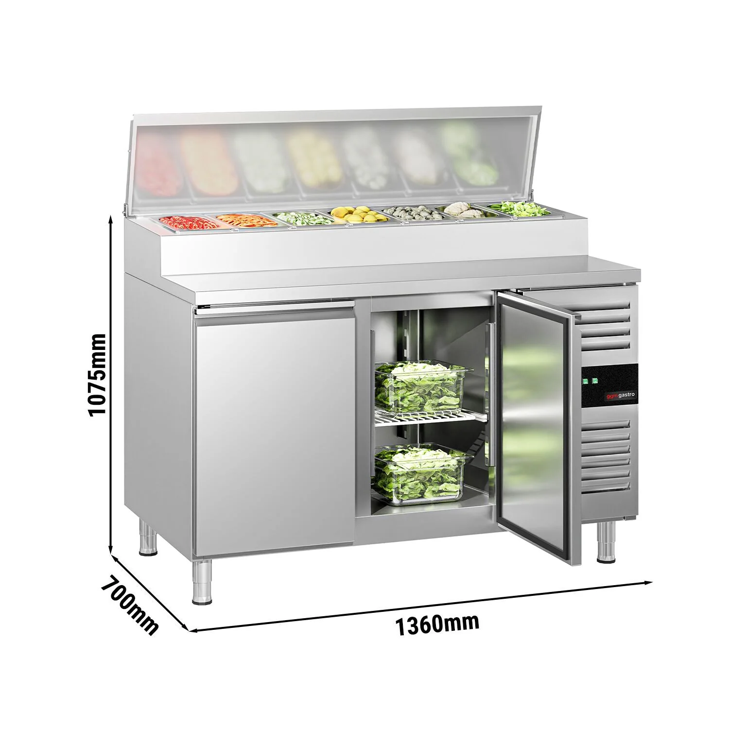 Saladette PREMIUM - 1360x700 mm - 2 dører - med lokk - for 7x GN 1/3 beholdere