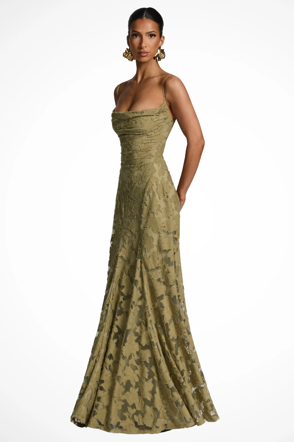 Maxikleid f��r Hochzeitsg?ste mit Wasserfallausschnitt und Blumenspitze | Festliches langes Abendkleid f��r Damen und feierliche