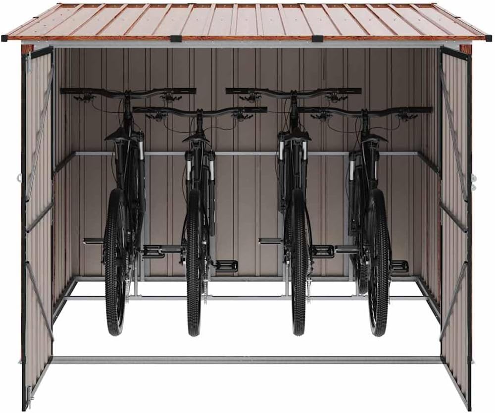 Fahrradschuppen 3 Stück Braun 215 x 206 x 157 cm Metall Gartenhaus Aufbewahrung Geräteschuppen Wetterfester Stauraum mit Sicherheitsschloss für Fahrräder und Zubehör