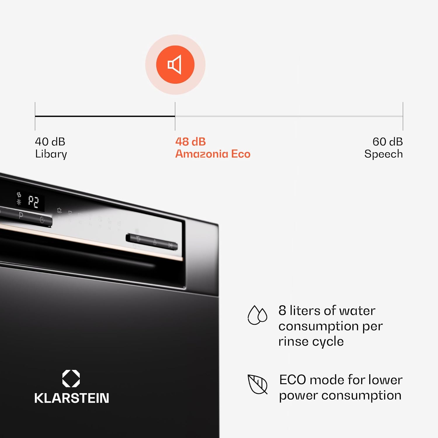 Klarstein  ia 8 - Spülmaschine, Geschirrspüler, Freistehend, Teilintegriert, F, 55 cm breit, 8 Maßgedecke, 6 Programme, Aquastop, silber