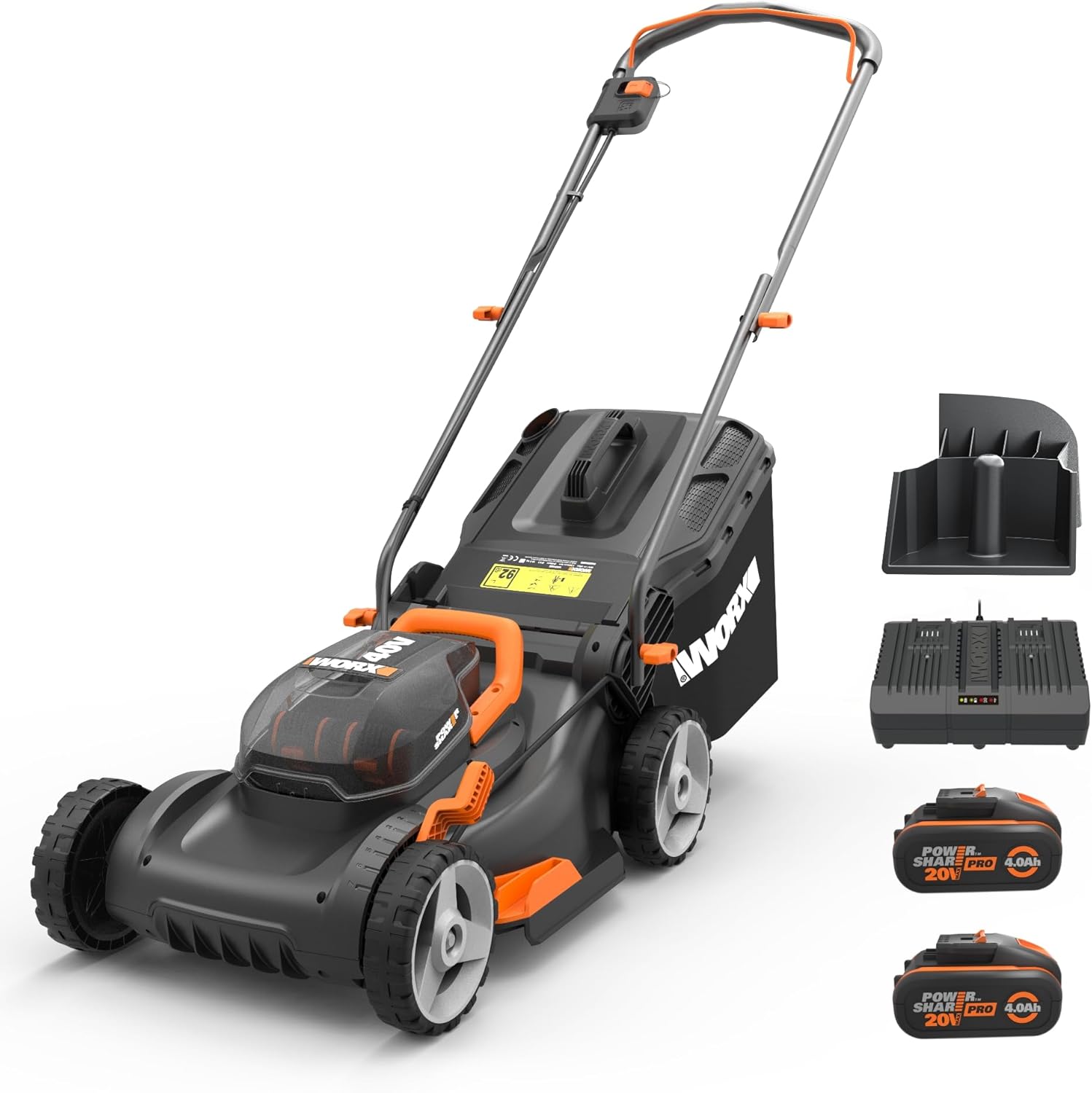 WORX WG743E Akku-Rasenmäher 40V, Profi Rasenmäher mit Mulchfunktion  und  PowerShare Akku, Rasenmähen ohne Kabel, Ideal für Gärten bis zu 500m2 (inkl. 2X 4Ah Akkus  und  Dual-Ladegerät)