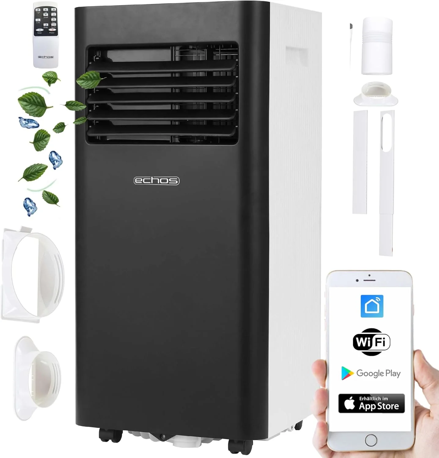 Echos airconditioning 3-in-1 WIFI mobiel raamafdichting met afvoerslang 24u timer afstandsbediening 9000 BTU 3 standen aircooler mobiele airconditioning airco airconditioner