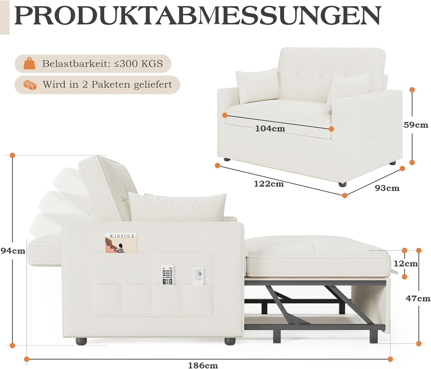 Schlafsofa 186 x 122 cm mit 5-stufig Verstellbarer Rückenlehne, 3-in-1 Schlafcouch mit Kissen und Seitentasche, cremeweißes Leinen-Sofa für Gästezimmer  und  kleine Räume