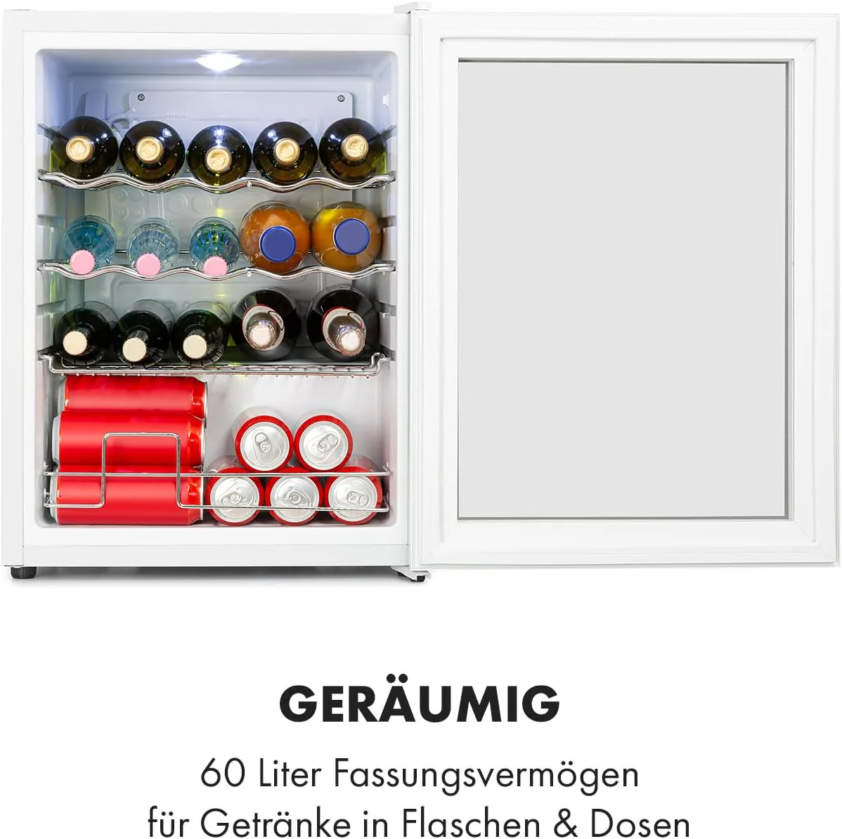 Klarstein Mini Koelkast met Glazen Deur voor Kamer, Drankenkoelkast met Verstelbare Planken, Klein 80 Liter, Indoor/Outdoor Koelkast Stil