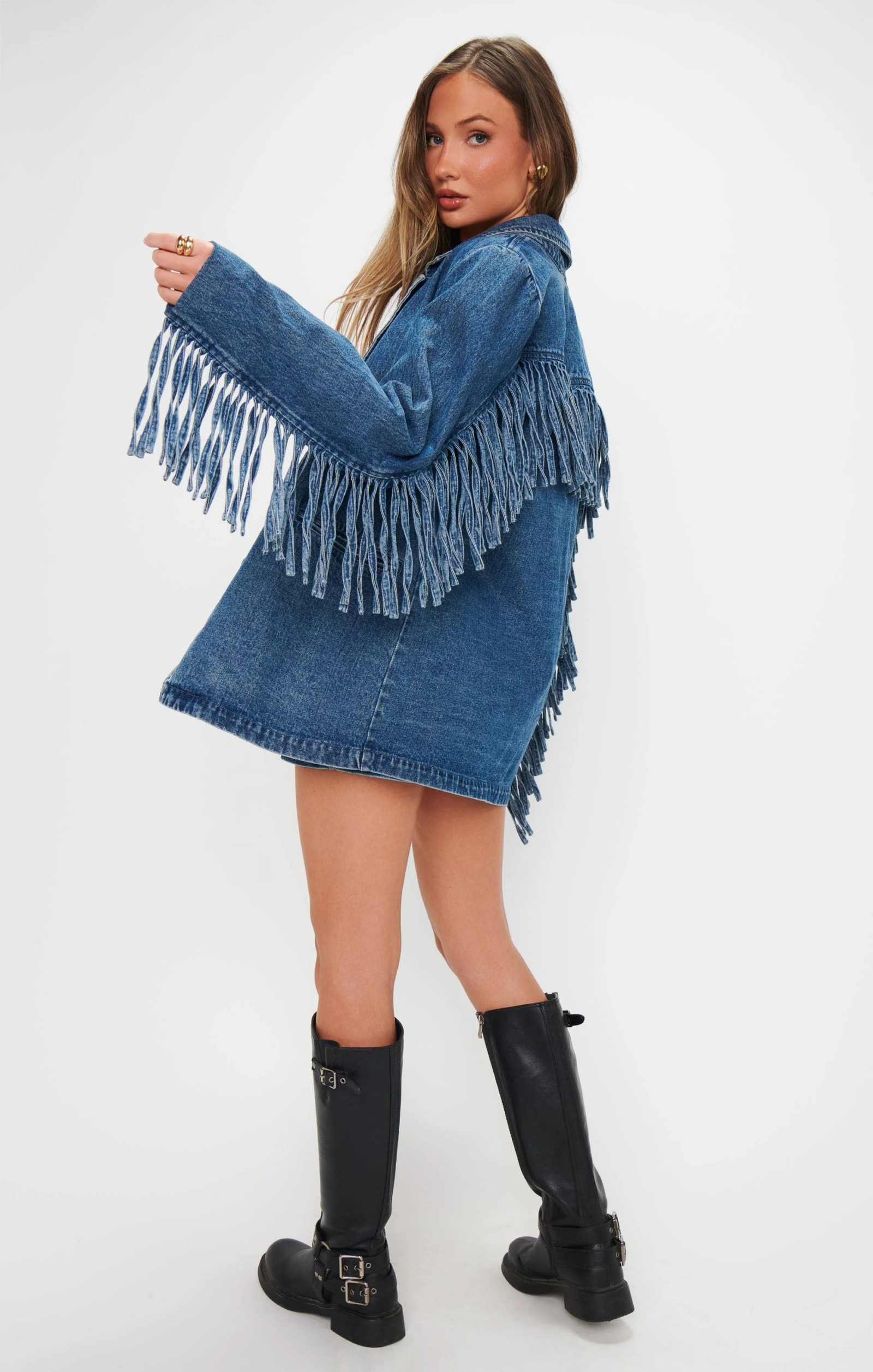 Show Me Your Mumu Sierra Fringe Jacket in Denim-Medium