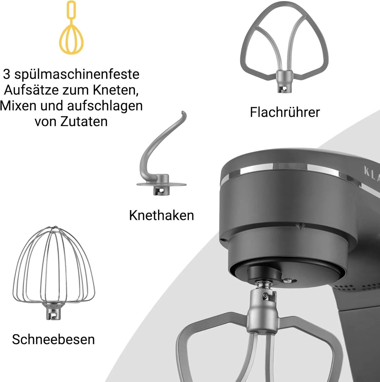 KLAMER Keukenmachine 1800W, Kneedmachine met 6 Liter RVS Kom, 10 Snelheidsstanden met Timer, Klopper, Deeghaak, Garde en Spatdeksel