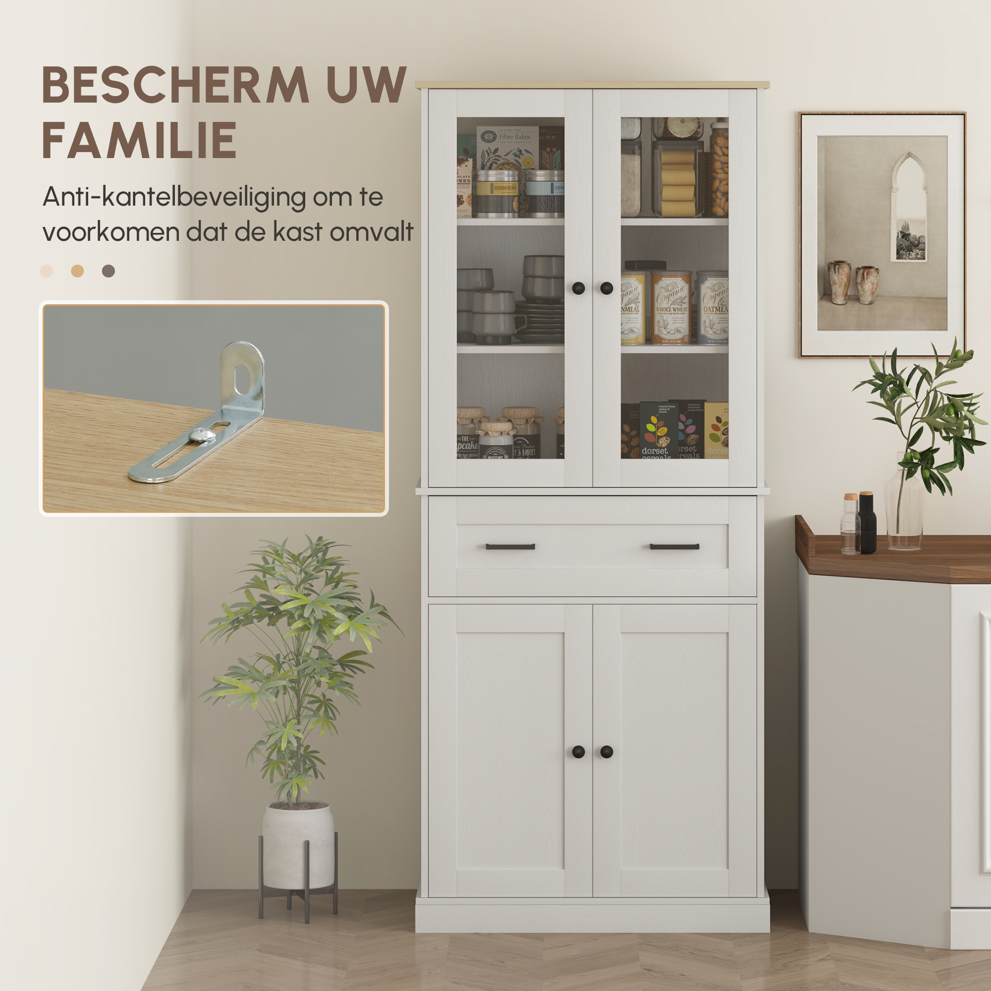 Keukenkast, Buffet, Acrylfront, Lades, 76 x 40 x 182,5 cm, Cr��mewit