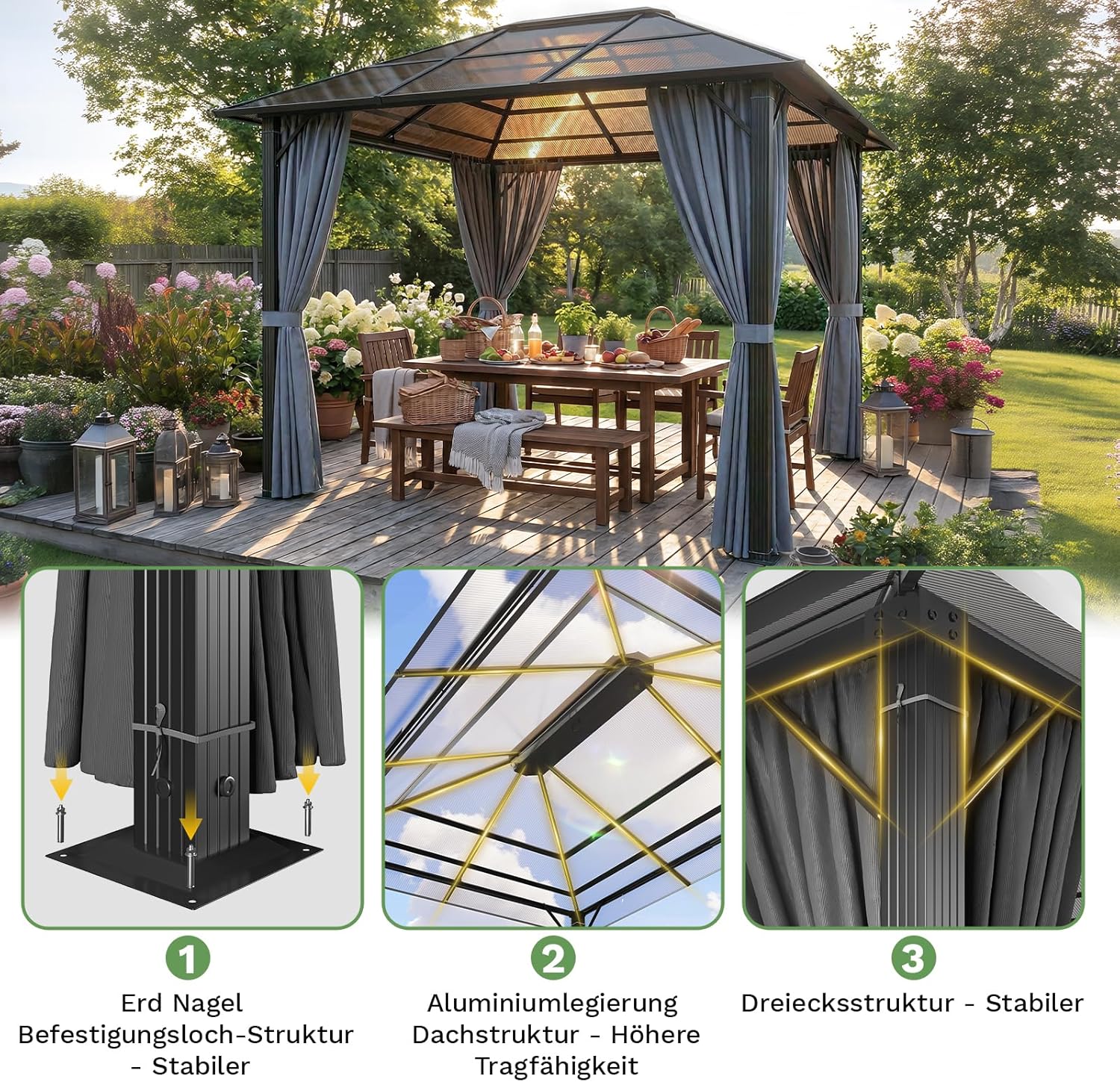 TRIUMPHKEY Pavillon 3x4 Wasserdicht Stabil Winterfest,Aluminium Gartenpavillon,Pavillon mit Festem Dach Protection UV,Geeignet für Außenszenen,Grau
