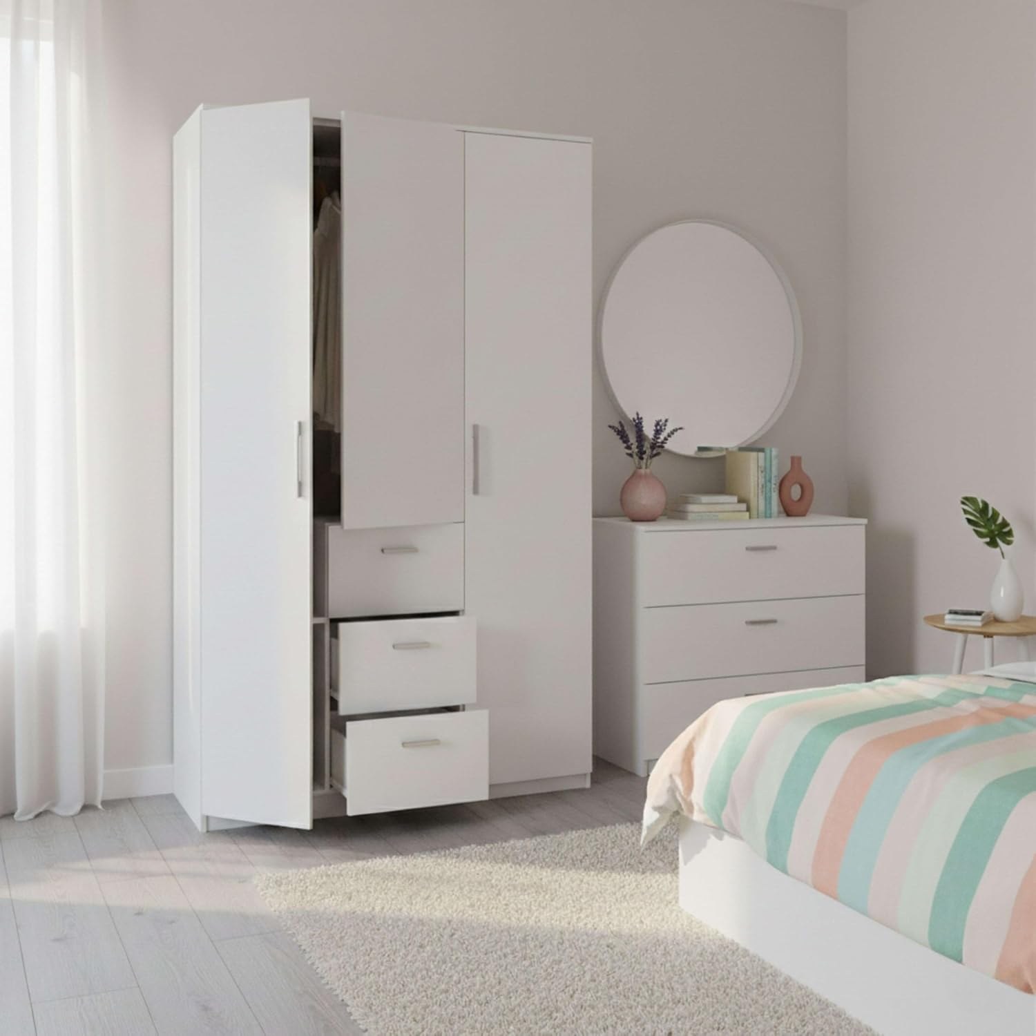 Habitdesign Armario Ropero 3 Puertas y 3 cajones, 203x117x52 (AltoxAnchoxFondo - en Cm), con Barra Colgadora y Estantes, Color Blanco Brillo