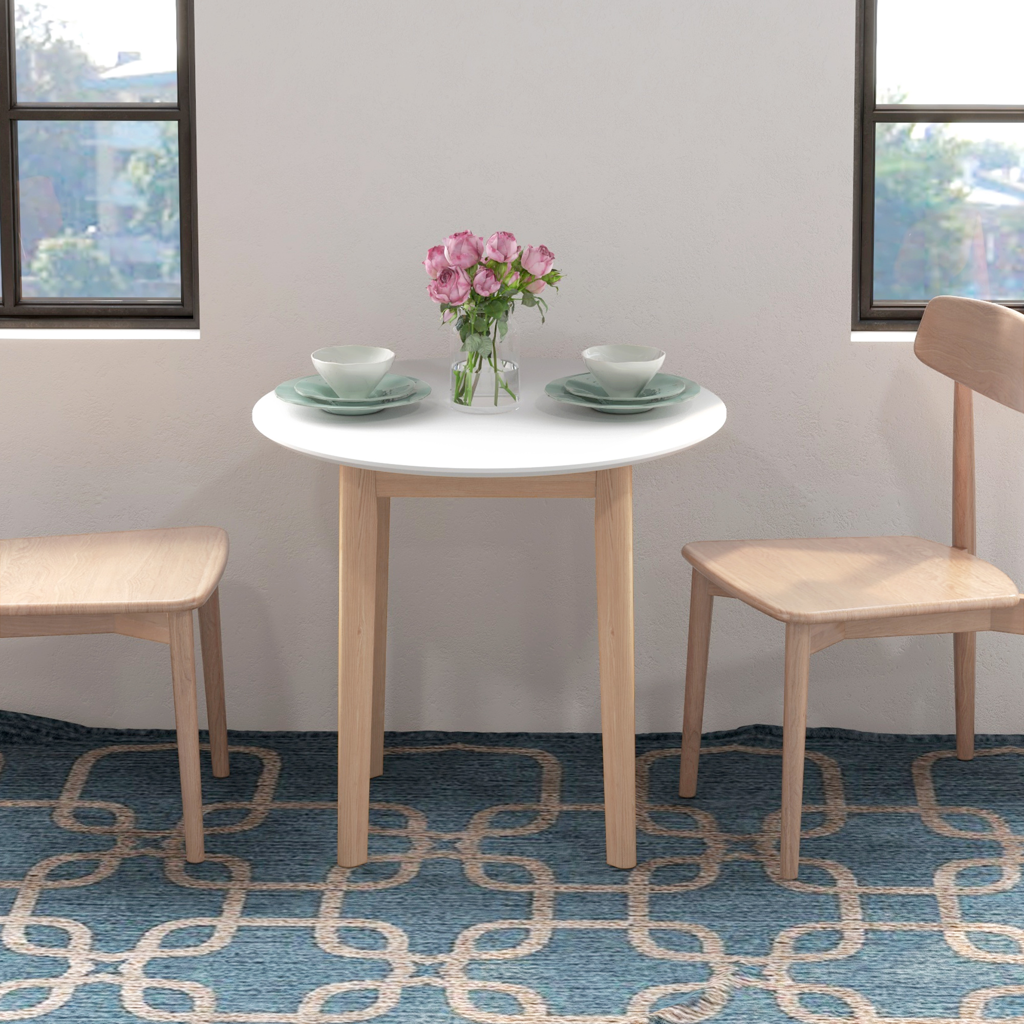 Eettafel Keukentafel Ronde Tafel, Scandinavisch Design, 75 cm x 75 cm x 76 cm, Wit + Natuur
