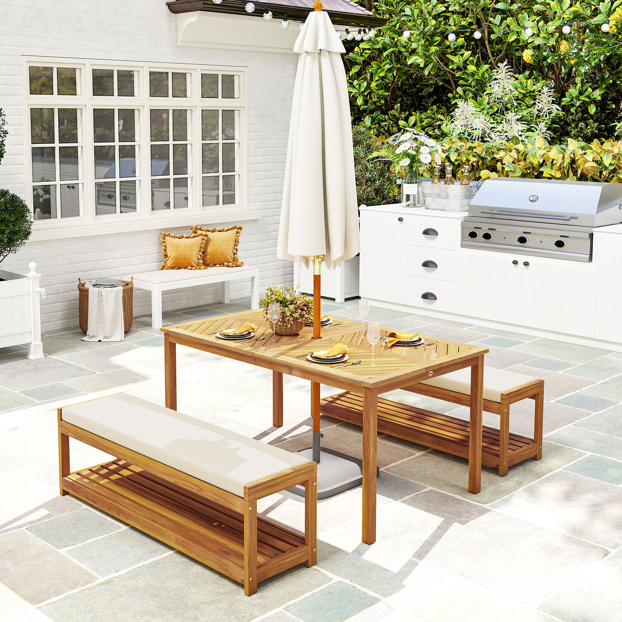 3-delig Tuinmeubelset, Zitgroep incl. 1 Eettafel met Parasolgat, 2 Banken 150 x 85 x 75 cm Teak