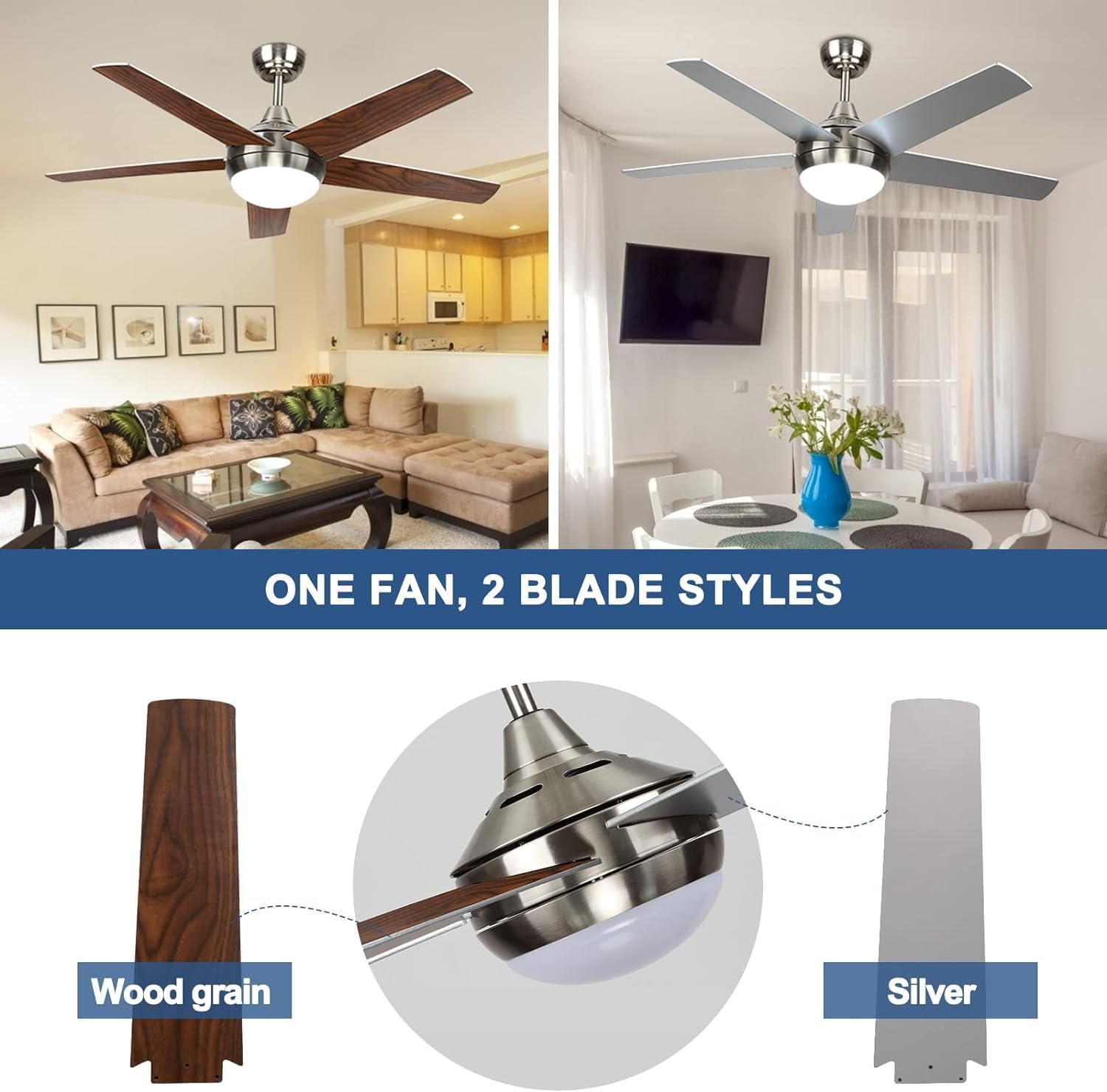 Deckenventilator mit Beleuchtung, Leiser DC-Ventilator 132cm mit Fernbedienung, Dimmbare Lampe 3000K-6500K, 5 Flügel, 6 Geschwindigkeiten, Timer, für Schlafzimmer, Esszimmer, Wohnzimmer, Küche, Büro