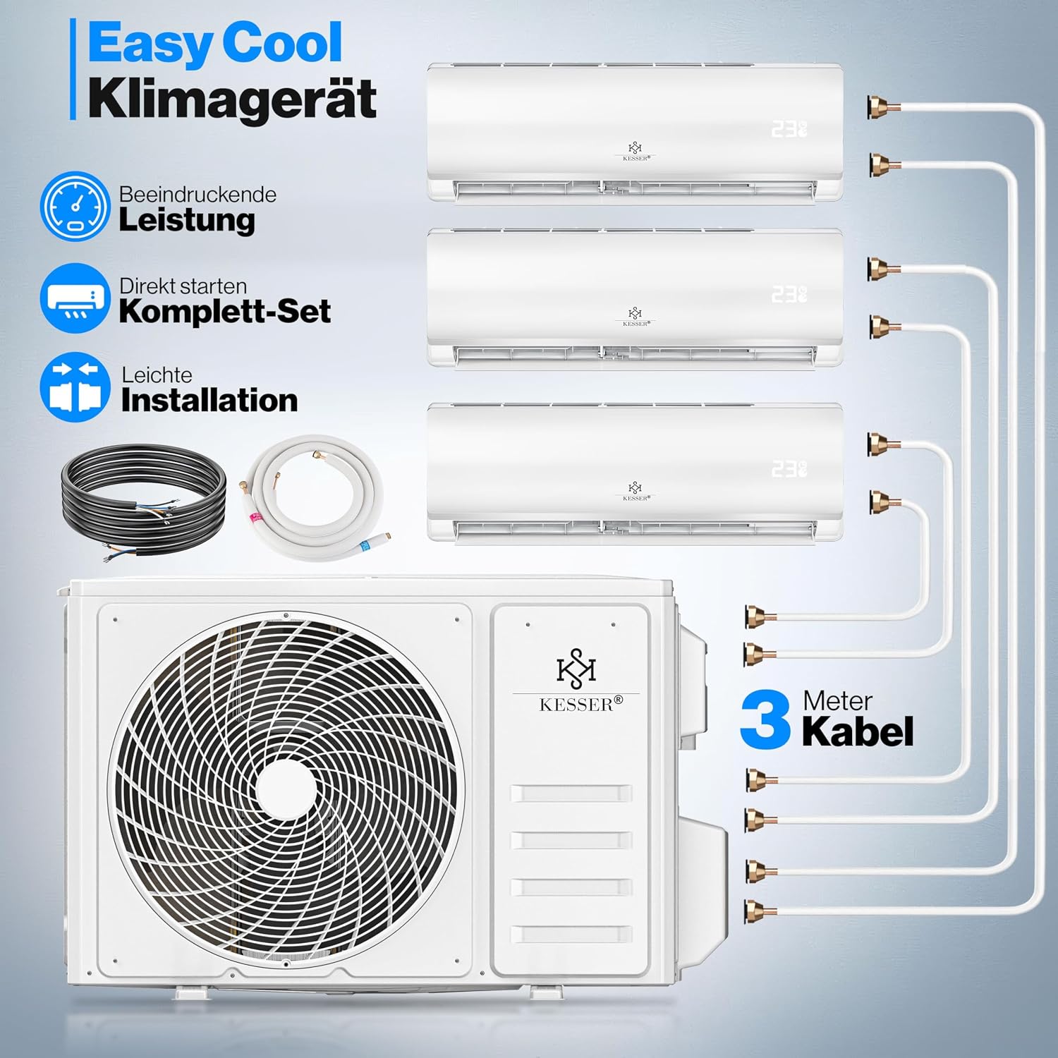 KESSER® Multisplit Klimaanlage 3 Innengeräte, 27000 BTU, Split Klimagerät Set mit WiFi/App, Heizen & Kühlen, Inverter, Eco-Modus, Luftentfeuchter & Ventilator, sehr leise, R32, Montagematerial