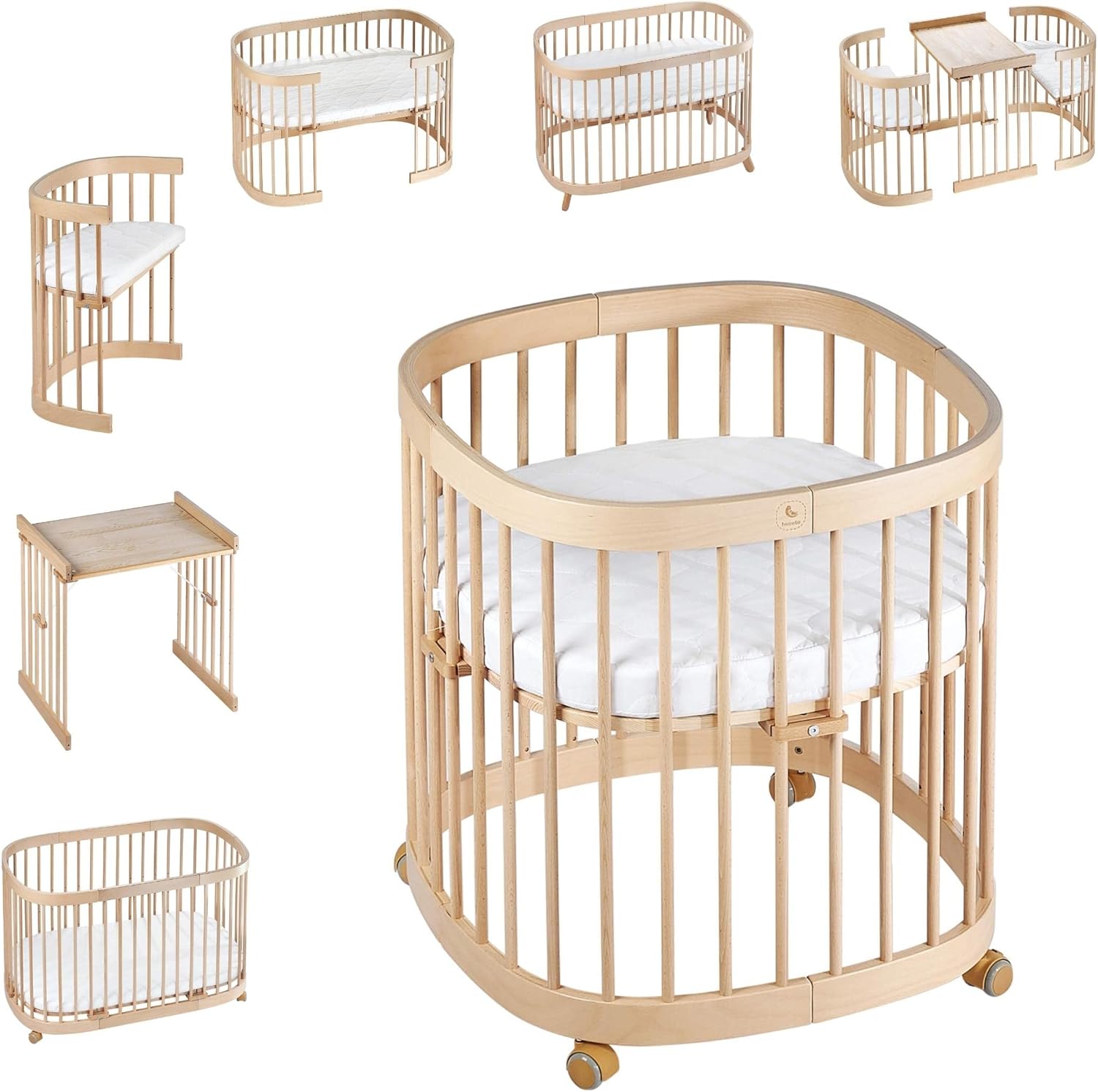 tweeto® Babybett 7 in 1 – mitwachsendes Babybett aus Holz | höhenverstellbares Beistellbett & Gitterbett | umbaubar zu Kinderbett & Laufstall (Buche Natur)