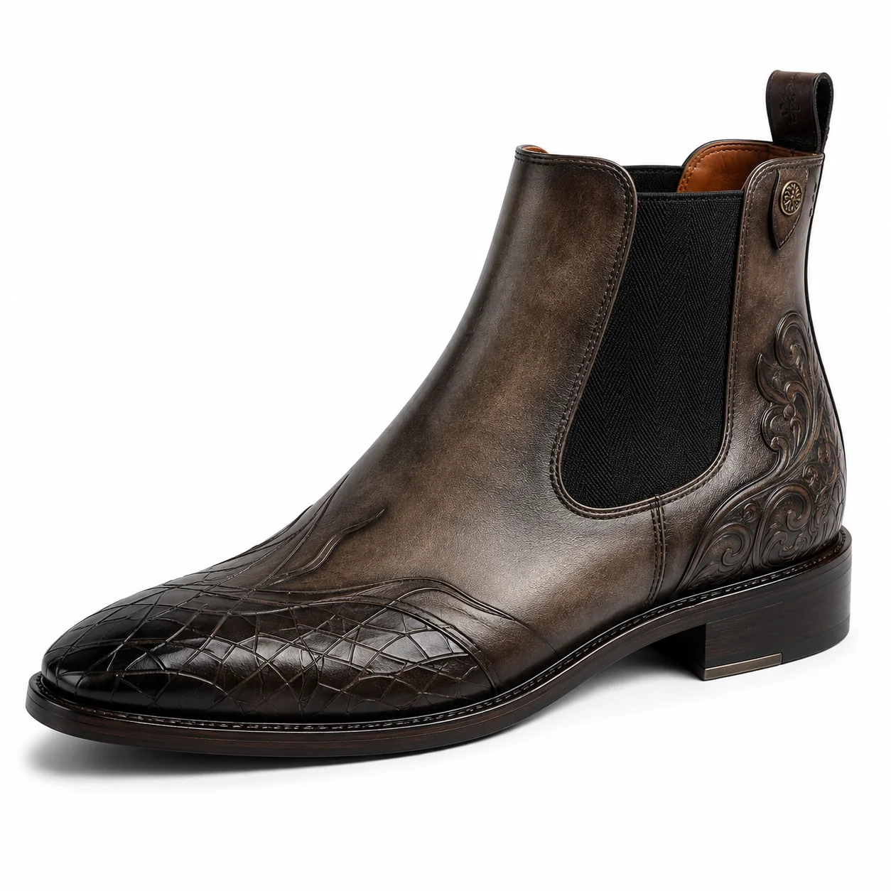 Men��s Vintage Brown Chelsea Boots �C Embossed Crocodile Toe Design