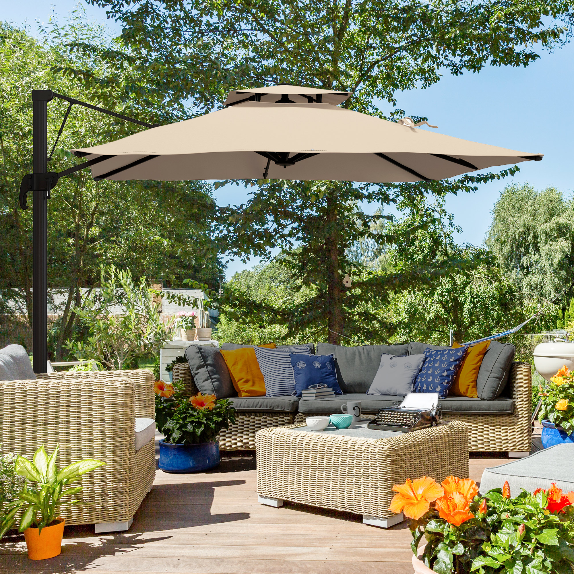 Outsunny Zweefparasol 2.94x2.94, Aluminium, Khaki