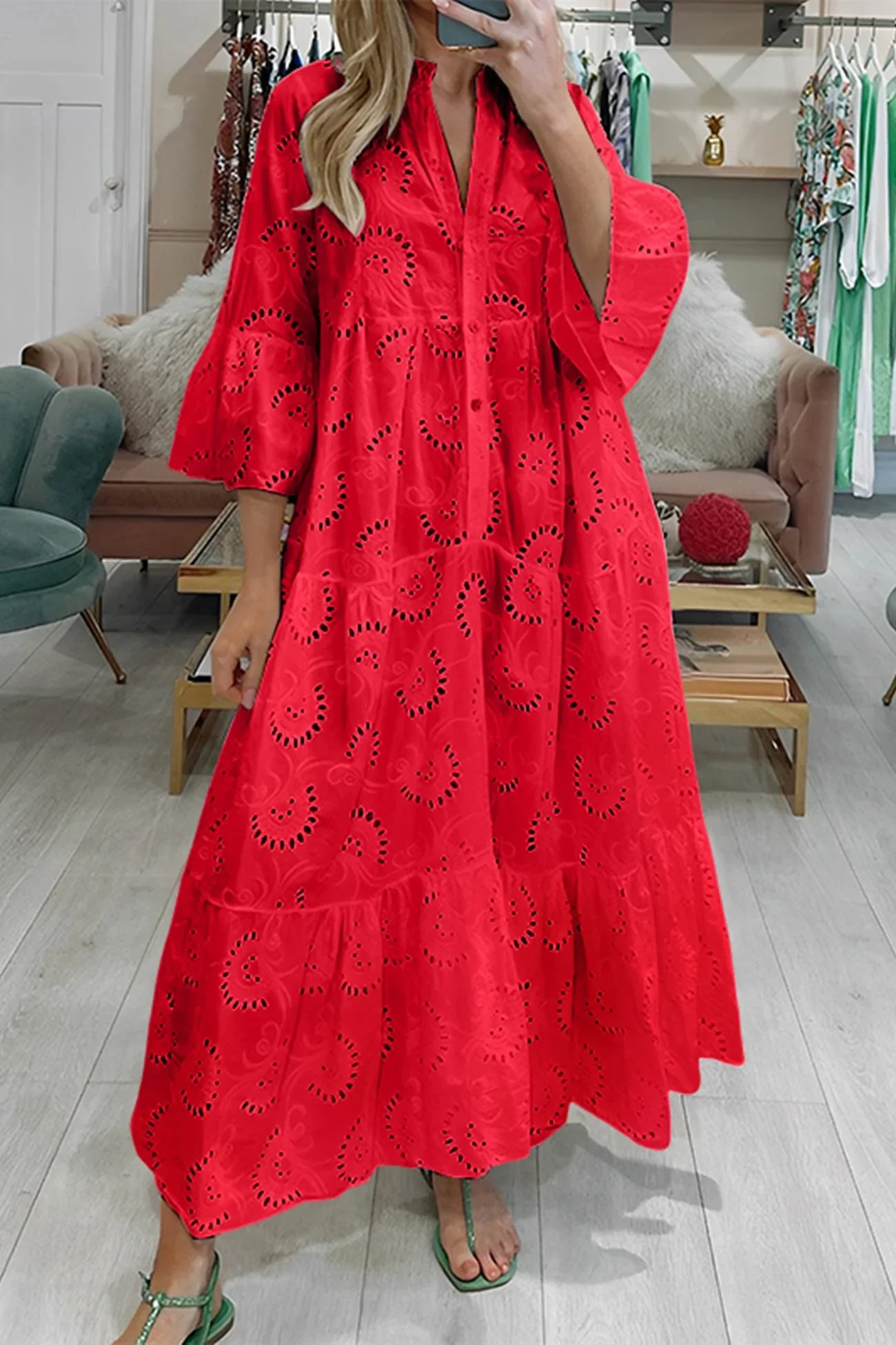 Damen Maxikleid im Boho-Stil mit feiner Bestickung | Luftiges langes Kleid mit flie?ender Silhouette f��r Freizeit und Alltag