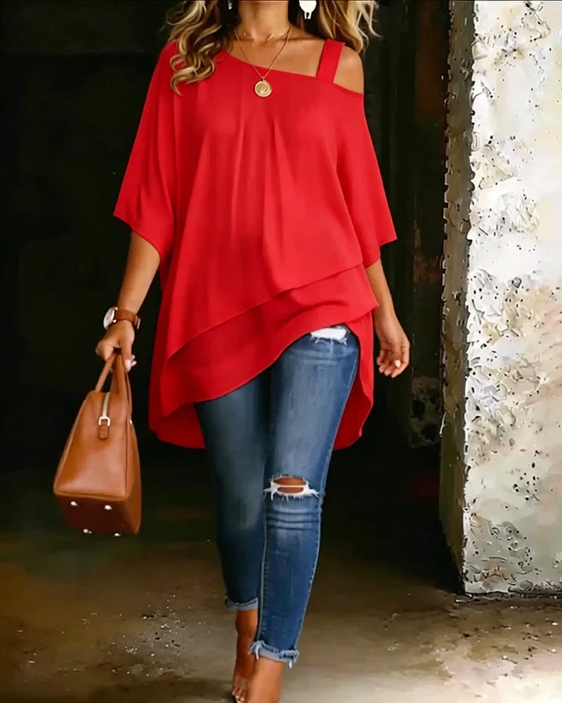 Asymmetrische Tunika Damen mit Cold Shoulder Ausschnitt | Locker fallendes Oberteil im Lagenlook mit weichem Fall