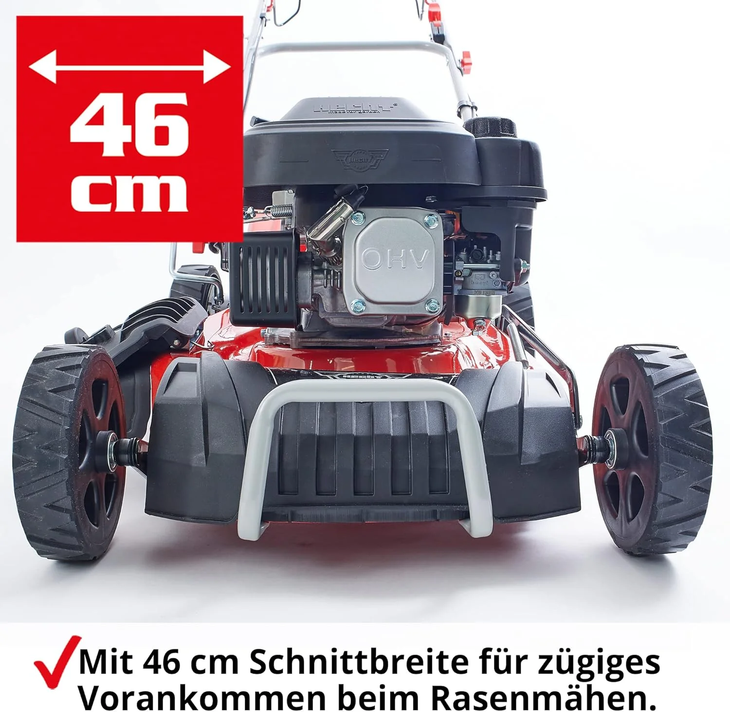 HECHT 5IN1 Benzine grasmaaier �C Comfortabele zelftrekker �C Voor oppervlakken tot 1000 m2 �C Krachtige 4-taktmotor met 46 cm maaibreedte �C Aandrijving op de wielen �C Mulchfunctie �C Zijuitworp �C Benzine grasmaaier
