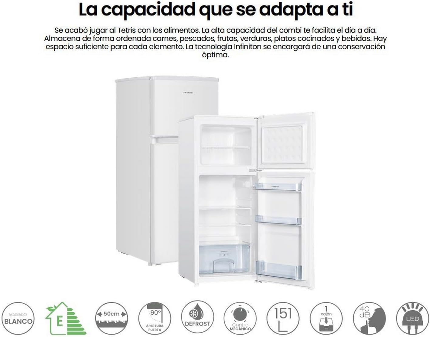 Frigorifico Dos Puertas Infiniton FG-151D12BEV, 151 Litros, 122 cm de Altura, Ancho de 50 cm, Ciclico, LED Interior, Regulación en altura, E, Blanco
