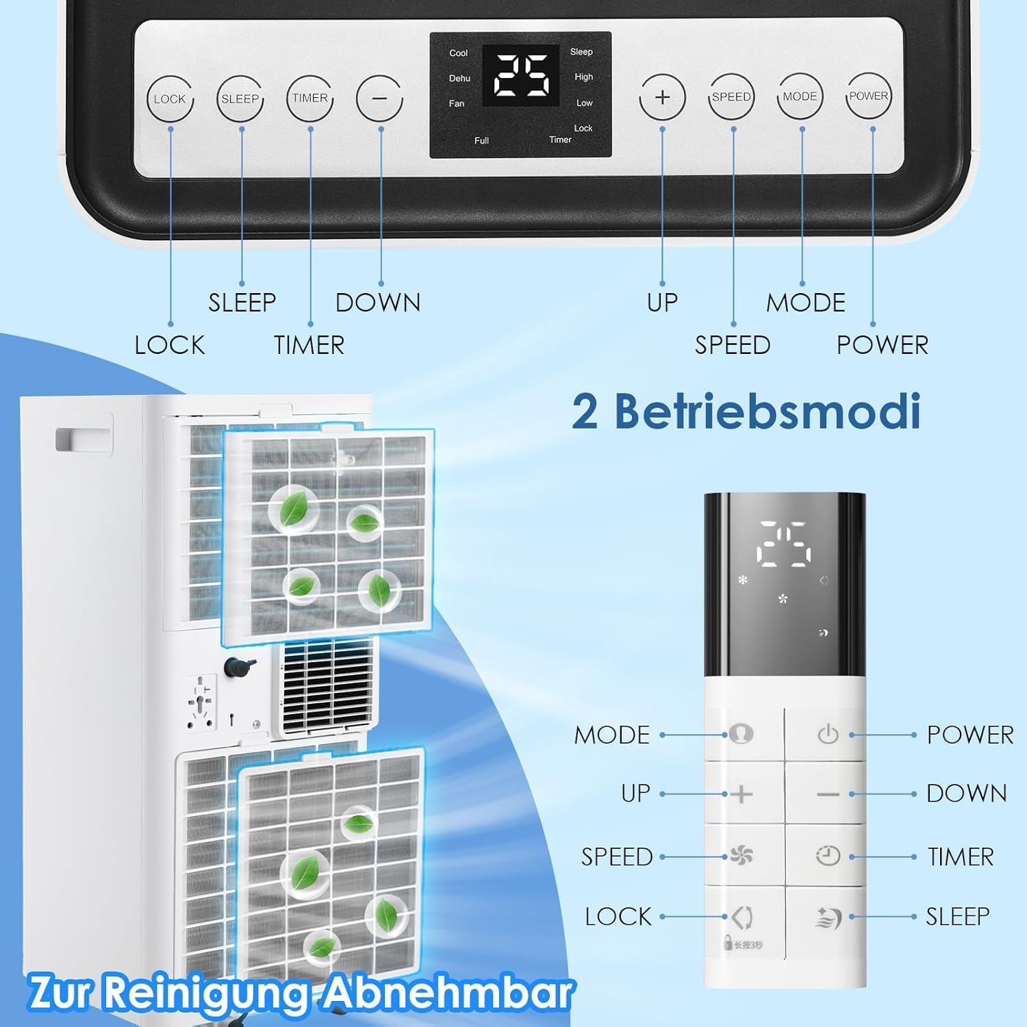 LIFERUN Mobiles Klimagerät, 4in1, Kühlen, Entfeuchten, Ventilieren, Staubfilter, 9000BTU/h 2,6kW, Mobile Klimaanlage mit Abluftschlauch, Fernbedienung, 24H-Timer, Schlafmodus, für Räume bis 31 m²