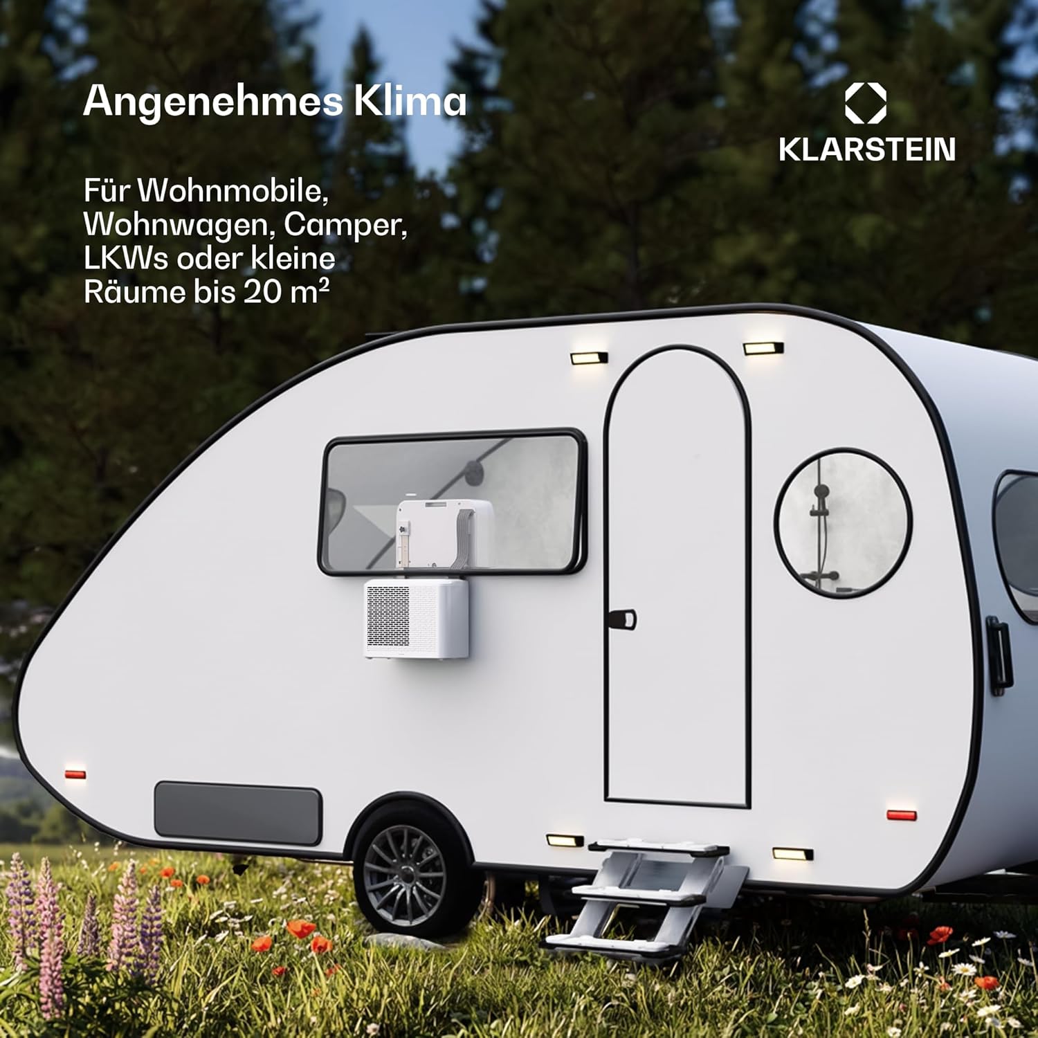 Klarstein Chillavan Mobile Klimaanlage – 5.000 BTU, Für Räume bis 20 m², 3-in-1: Klimaanlage, Luftentfeuchter & Ventilator, Energieeffizienzklasse A, App-Steuerung, Ideal für Wohnmobile